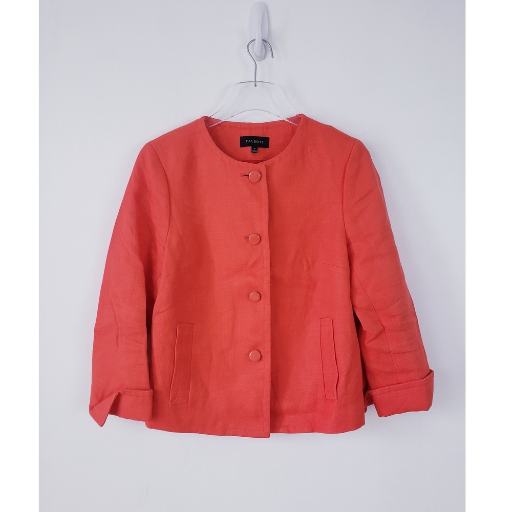 Talbots Blazer Orange Linen Button Front Round Neck Button Front Womens Size 8